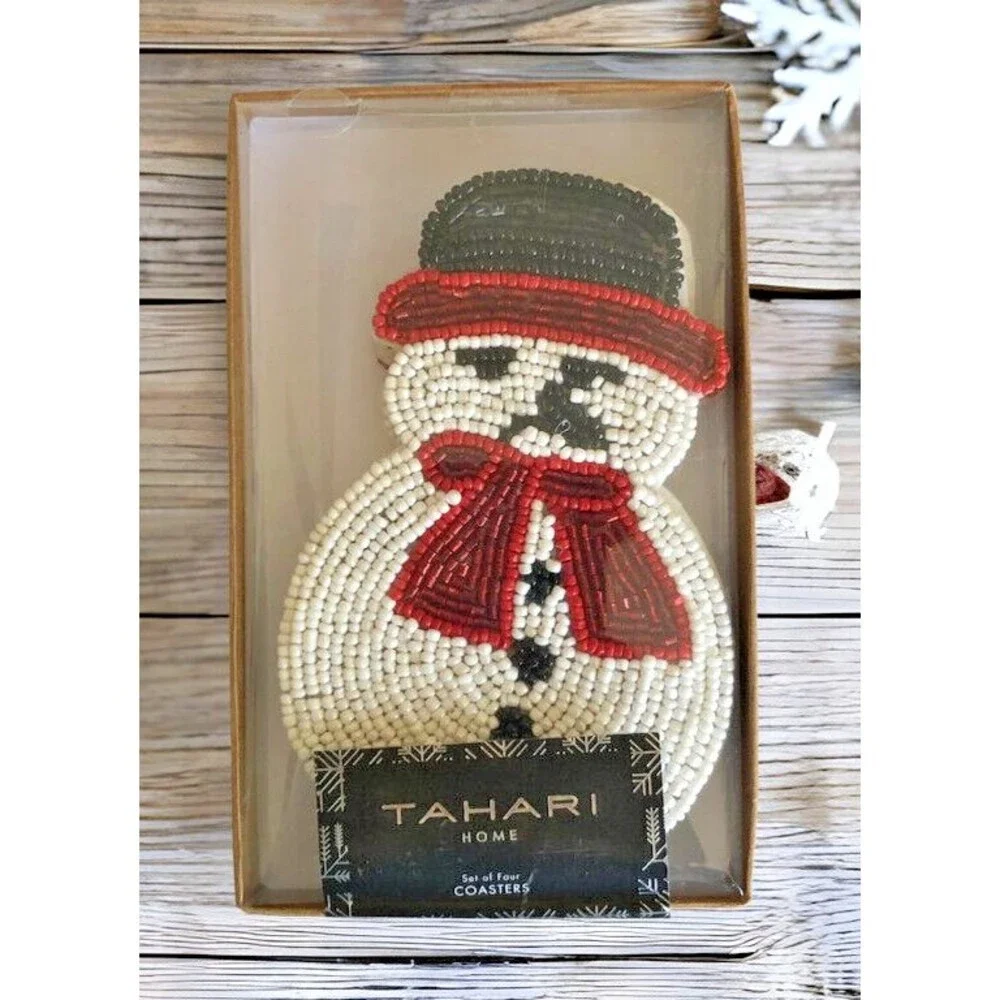 Tahari Home Snowman Christmas Winter Coasters Beaded 7